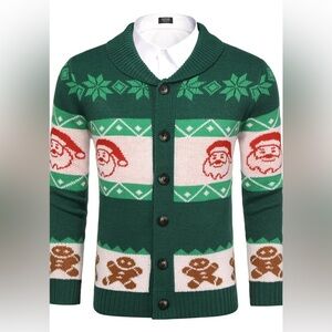 Men's Green Holiday Cardigan with Santa & Gingerbread Motifs size S